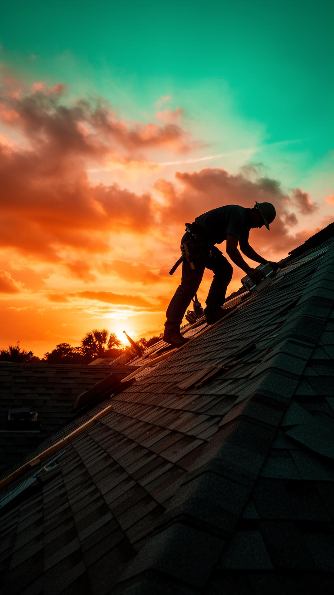 Roofer installing shingles at sunset